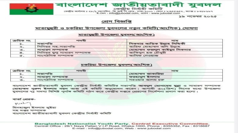 চকরিয়া উপজেলা যুবদলের  ৩ জন বিশিষ্ট আংশিক কমিটি গঠিত